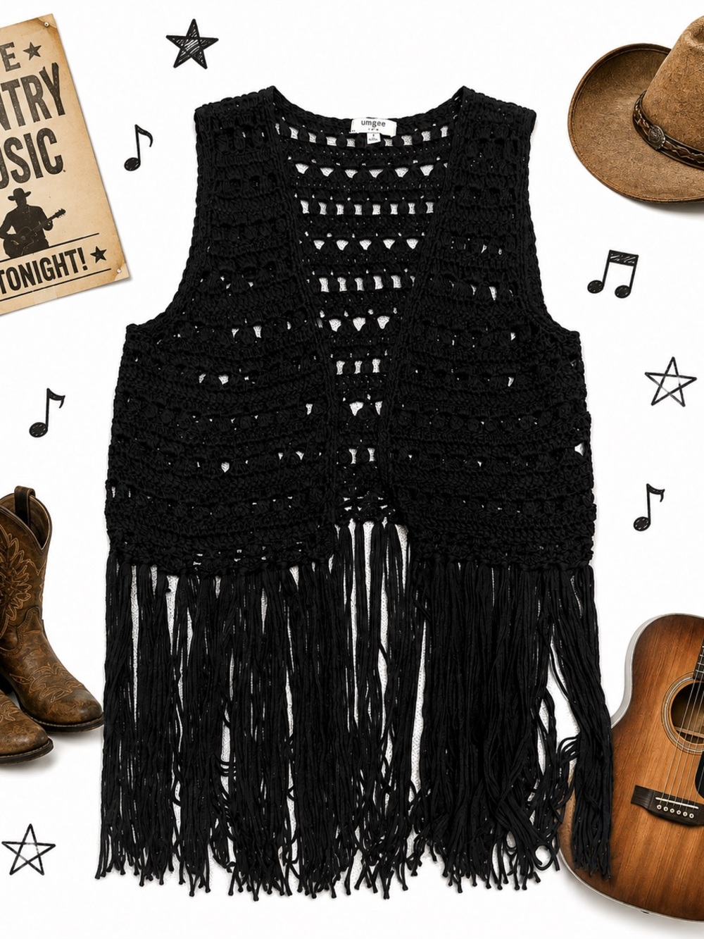 Umgee Black Crochet Fringe Vest S Boho Western Cowgirl Festival Hippie Concert